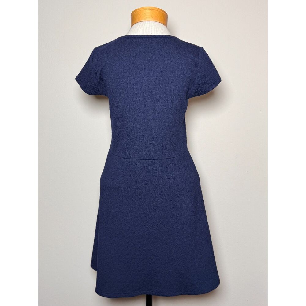 Prince & Fox Navy Blue Textured Fit Flare Skater Dress L Cap Sleeve Stretch Mini - Picture 4 of 7